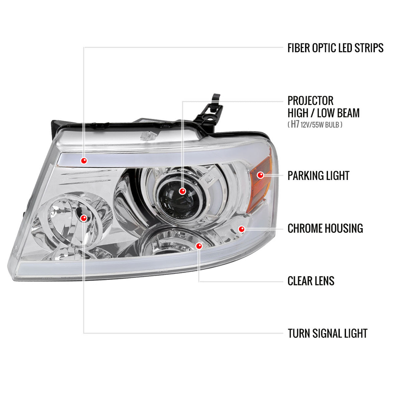 2004-2008 Ford F-150/ 2006-2008 Lincoln Mark LT Projector Style Headlights w/ LED Bar (Chrome Housing/Clear Lens)