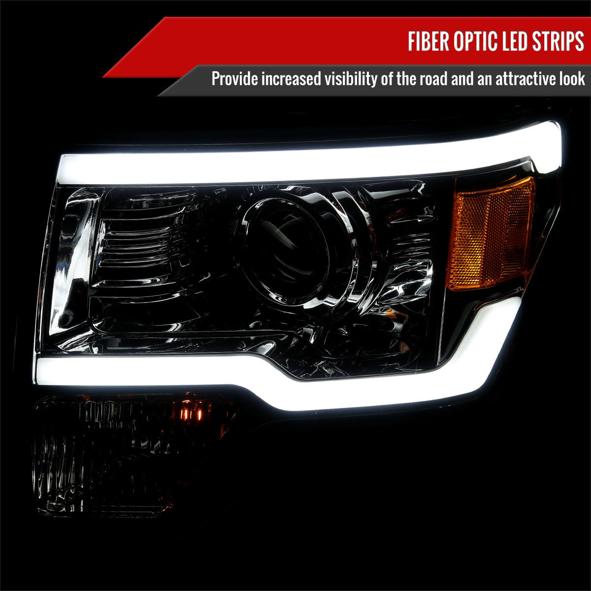 2009-2014 Ford F-150 LED Strip Projector Headlights (Chrome Housing/Smoked Lens)