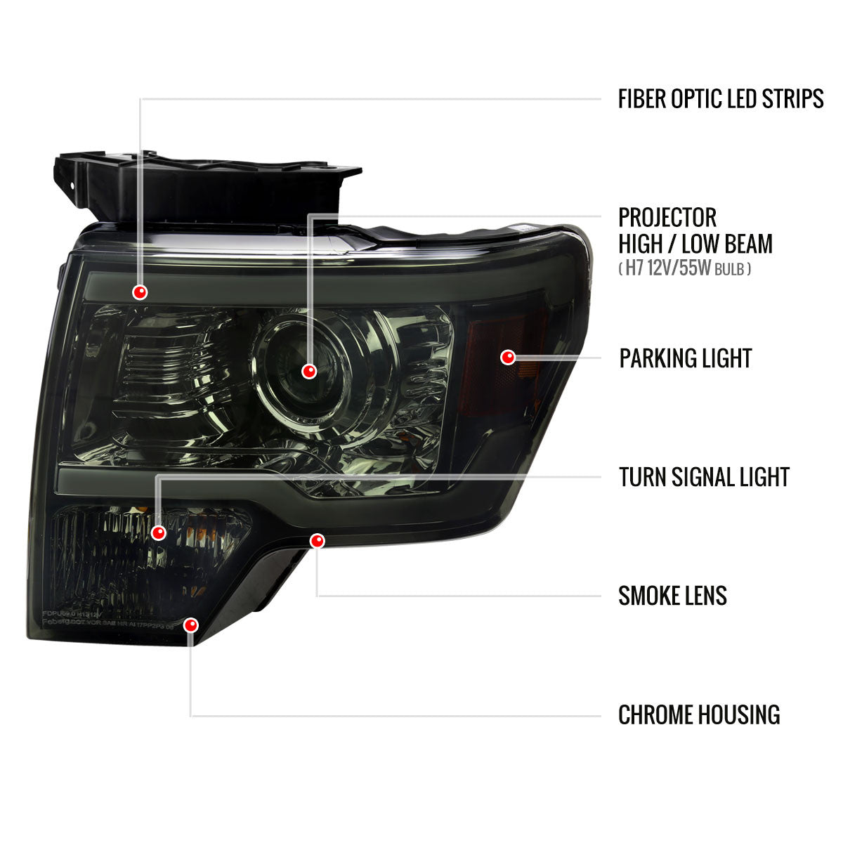 2009-2014 Ford F-150 LED Strip Projector Headlights (Chrome Housing/Smoked Lens)