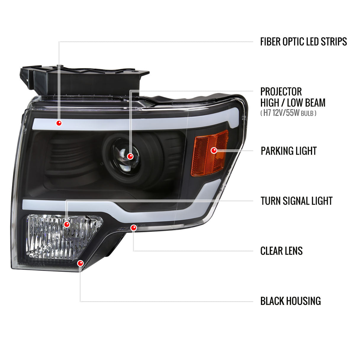 2009-2014 Ford F-150 LED Strip Projector Headlights (Matte Black Housing/Clear Lens)