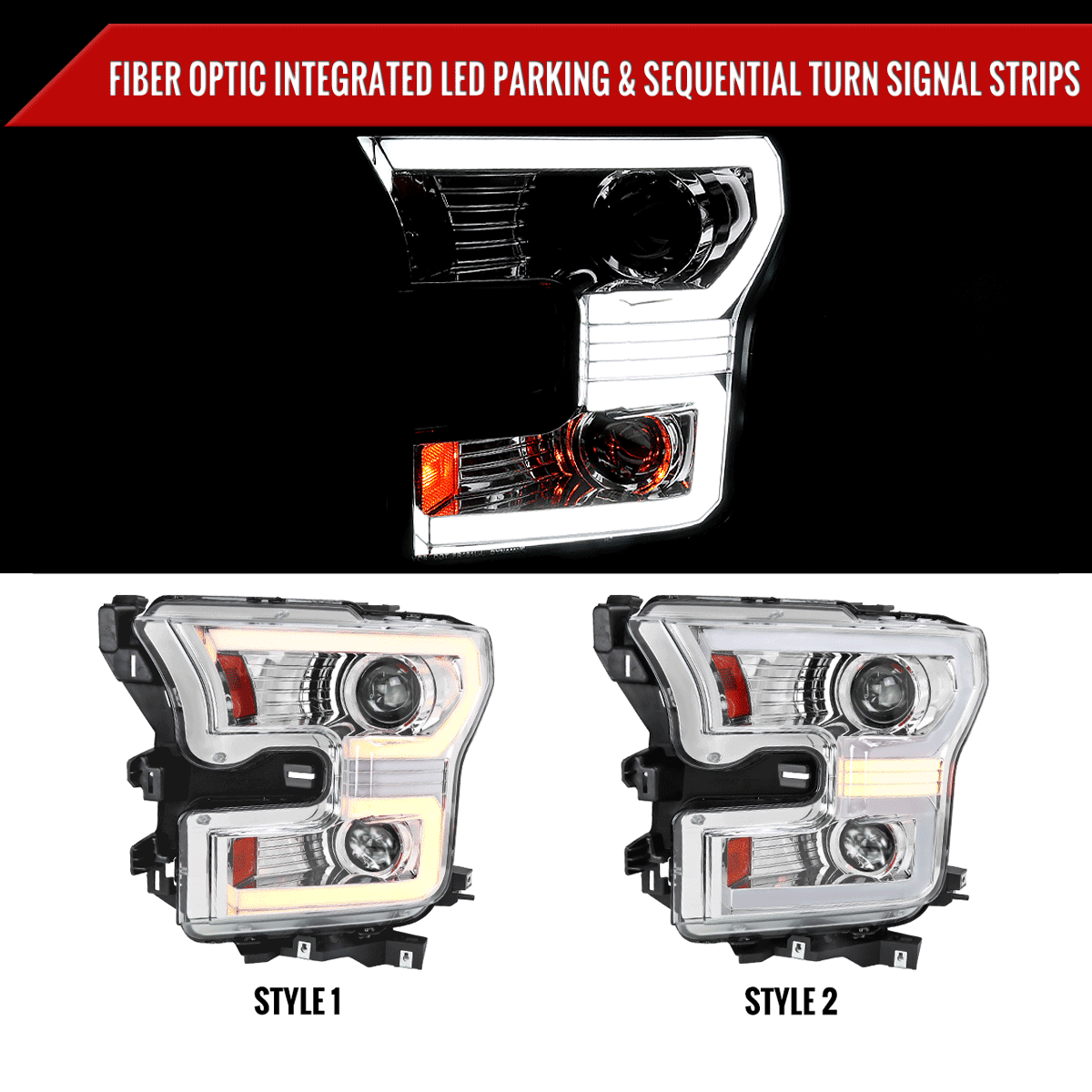 2015-2017 Ford F-150 LED Bar Projector Headlights w/ Switchback Sequential Turn Signals (Chrome Housing / Clear Lens)