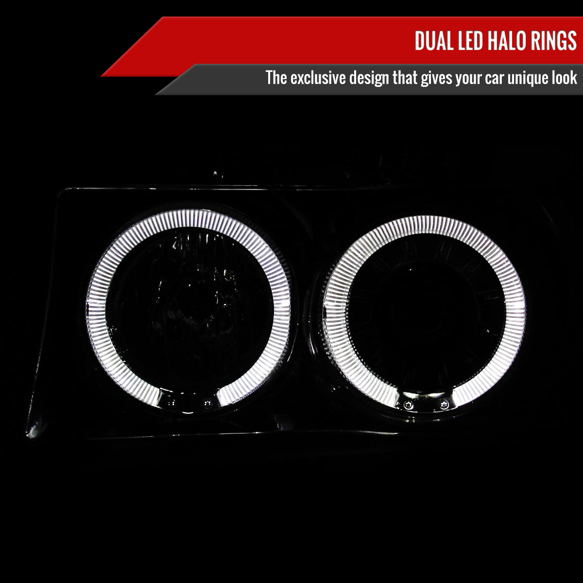 1992-1996 Ford F-150 F-250 F-350 Bronco Dual Halo Projector Headlights (Chrome Housing/Clear Lens)