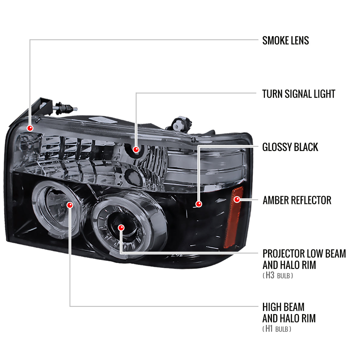 1992-1996 Ford F-150 F-250 F-350 Bronco Dual Halo Projector Headlights (Glossy Black Housing/Smoked Lens)