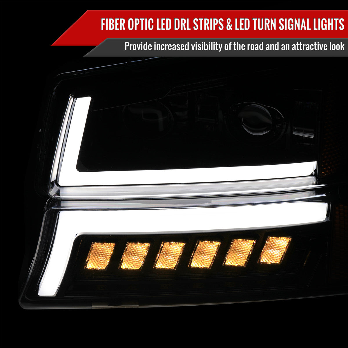 2003-2007 Chevrolet Silverado Avalanche LED Projector DRL Headlights w/ Bumper Lights (Jet Black Housing/Clear Lens)