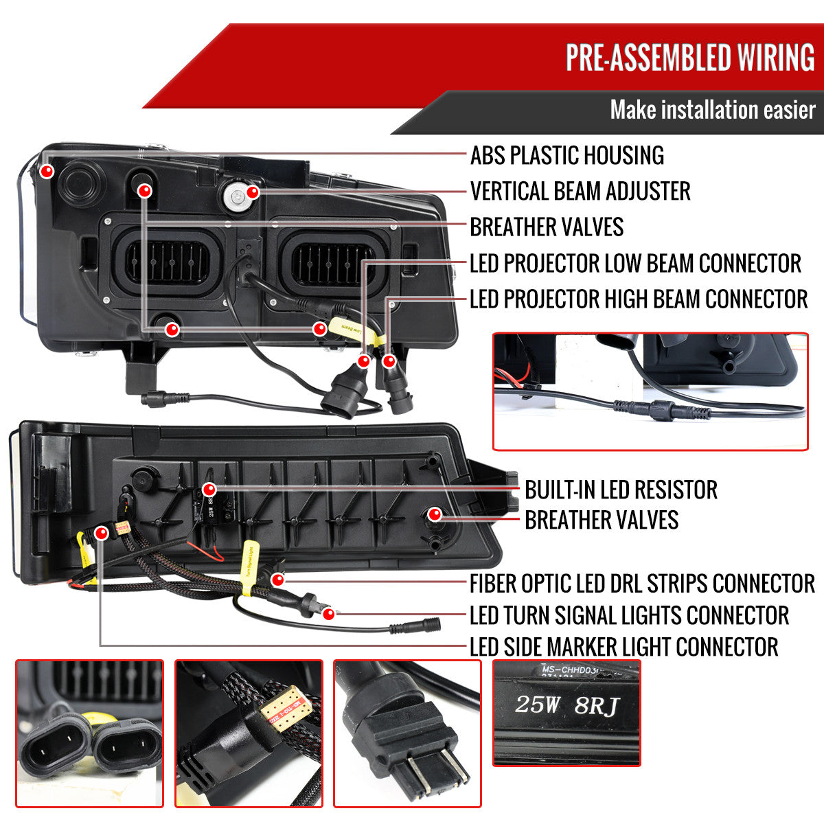 2003-2007 Chevrolet Silverado Avalanche LED Projector DRL Headlights w/ Bumper Lights (Jet Black Housing/Clear Lens)