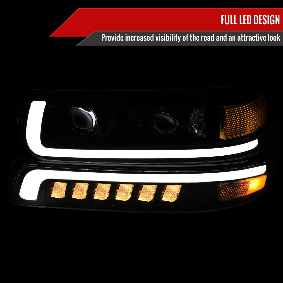 1999-2002 Chevrolet Silverado / 2000-2006 Tahoe / Suburban LED Projector DRL Headlights w/ Bumper Lights (Jet Black Housing/Clear Lens)