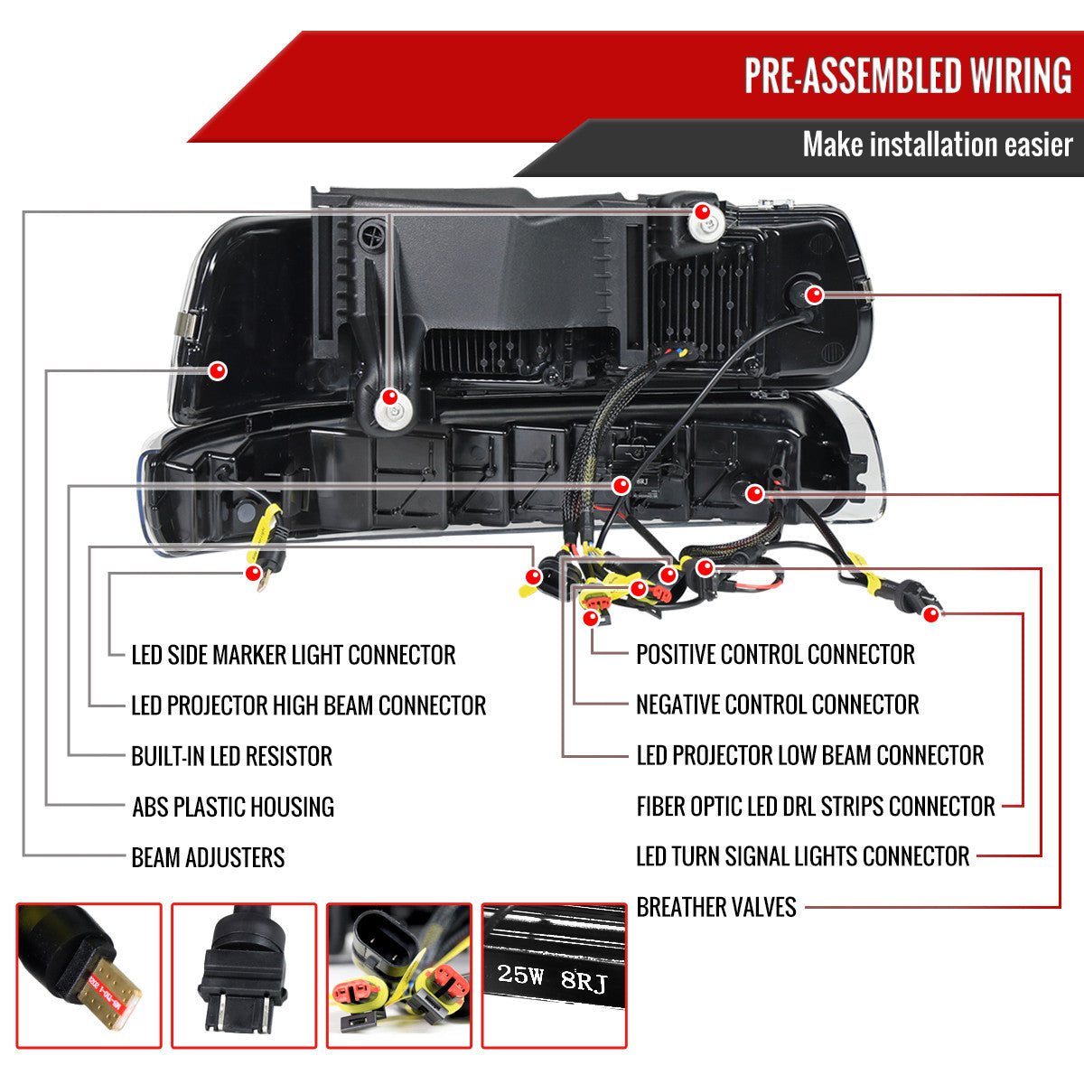 1999-2002 Chevrolet Silverado / 2000-2006 Tahoe / Suburban LED Projector DRL Headlights w/ Bumper Lights (Jet Black Housing/Clear Lens)