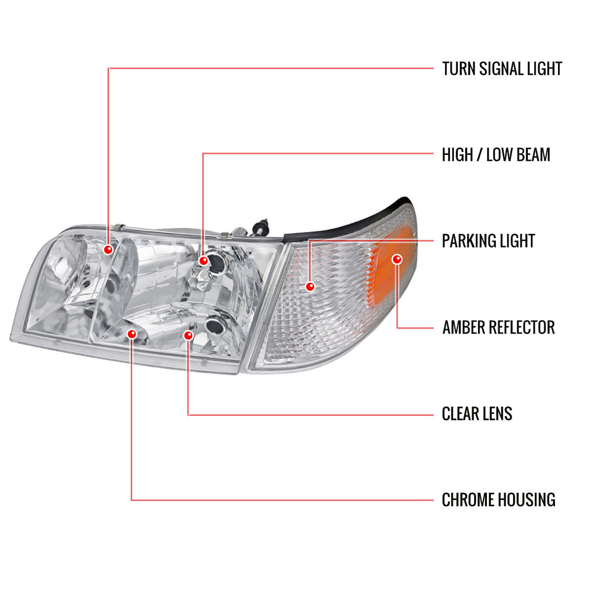 1998-2011 Ford Crown Victoria Factory Style Headlights w/ Corner Signal Lights (Chrome Housing/Clear Lens)