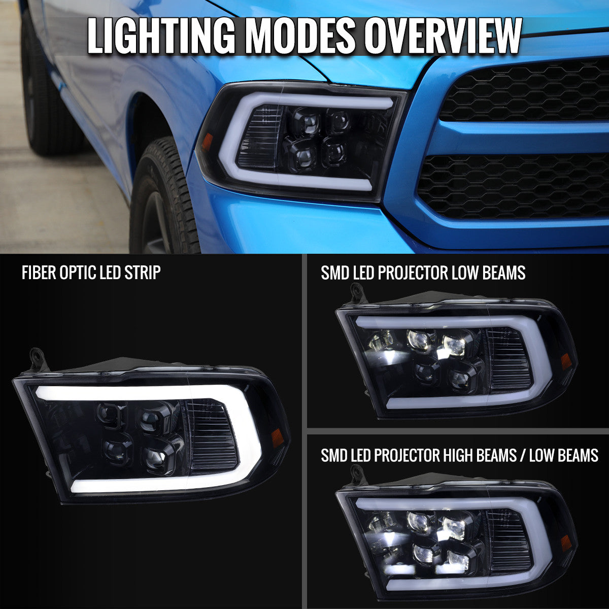 2009-2018 Dodge RAM 1500 / 2019 RAM Classic / 2010-2018 RAM 2500 3500 LED Bar Sequential Turn Signal Projector Headlights (Glossy Black Housing / Smoked Lens)