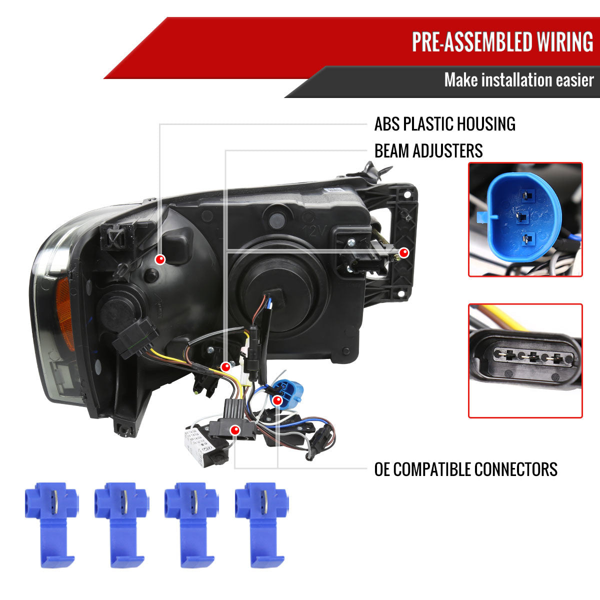 2002-2005 Dodge Ram 1500 / 2003-2005 Dodge Ram 2500 / 3500 LED Tube Projector Headlights (Chrome Housing/Smoked Lens)