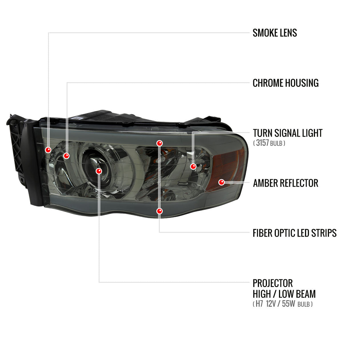 2002-2005 Dodge Ram 1500 / 2003-2005 Dodge Ram 2500 / 3500 LED Tube Projector Headlights (Chrome Housing/Smoked Lens)