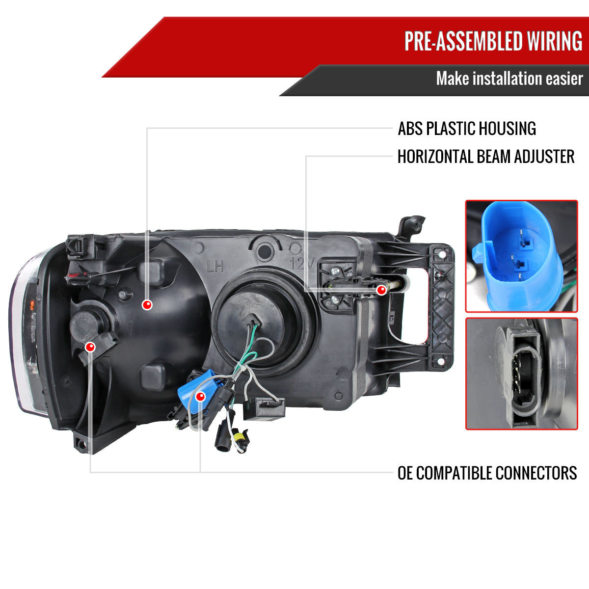 2002-2005 Dodge RAM 1500/ 2003-2005 RAM 2500 3500 Projector Headlights w/ Amber Reflectors (Matte Black Housing/Clear Lens)