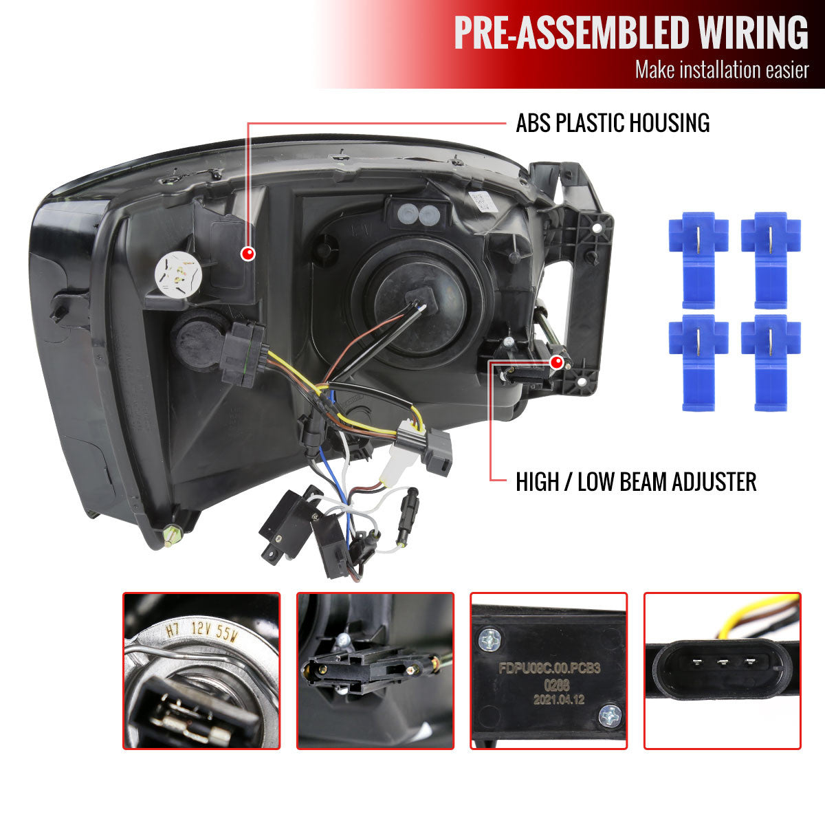 2006-2008 Dodge RAM 1500/ 2006-2009 Dodge RAM 2500/3500 LED Tube Projector Headlights (Chrome Housing/Smoked Lens)