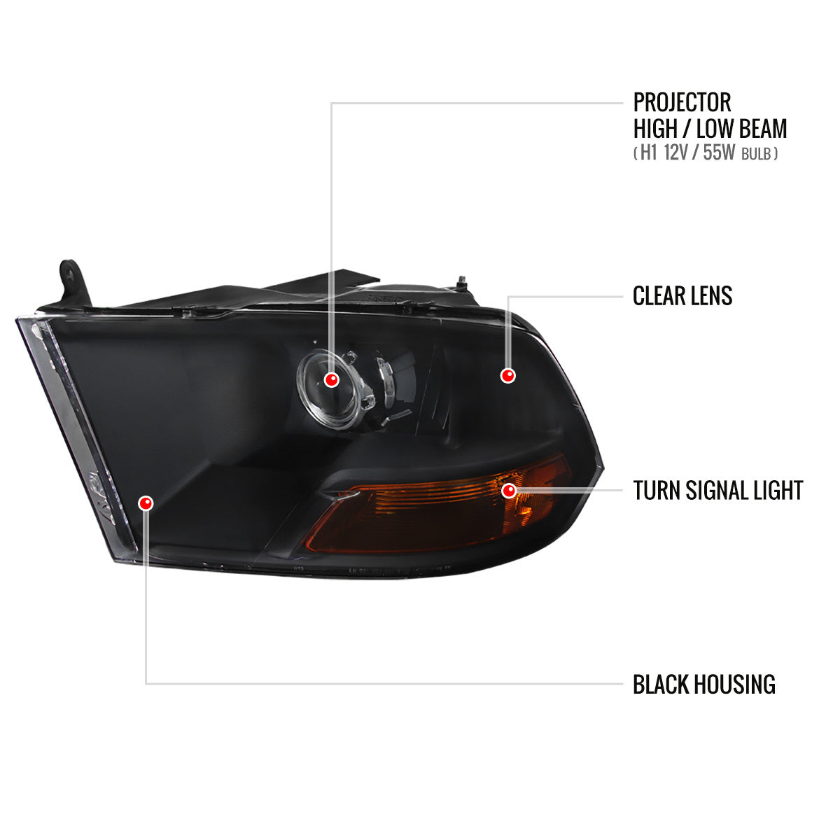 2009-2018 Dodge RAM 1500 / 2019-2021 RAM Classic / 2010-2018 RAM 2500 3500 Retro Style Projector Headlights (Matte Black Housing/Clear Lens)