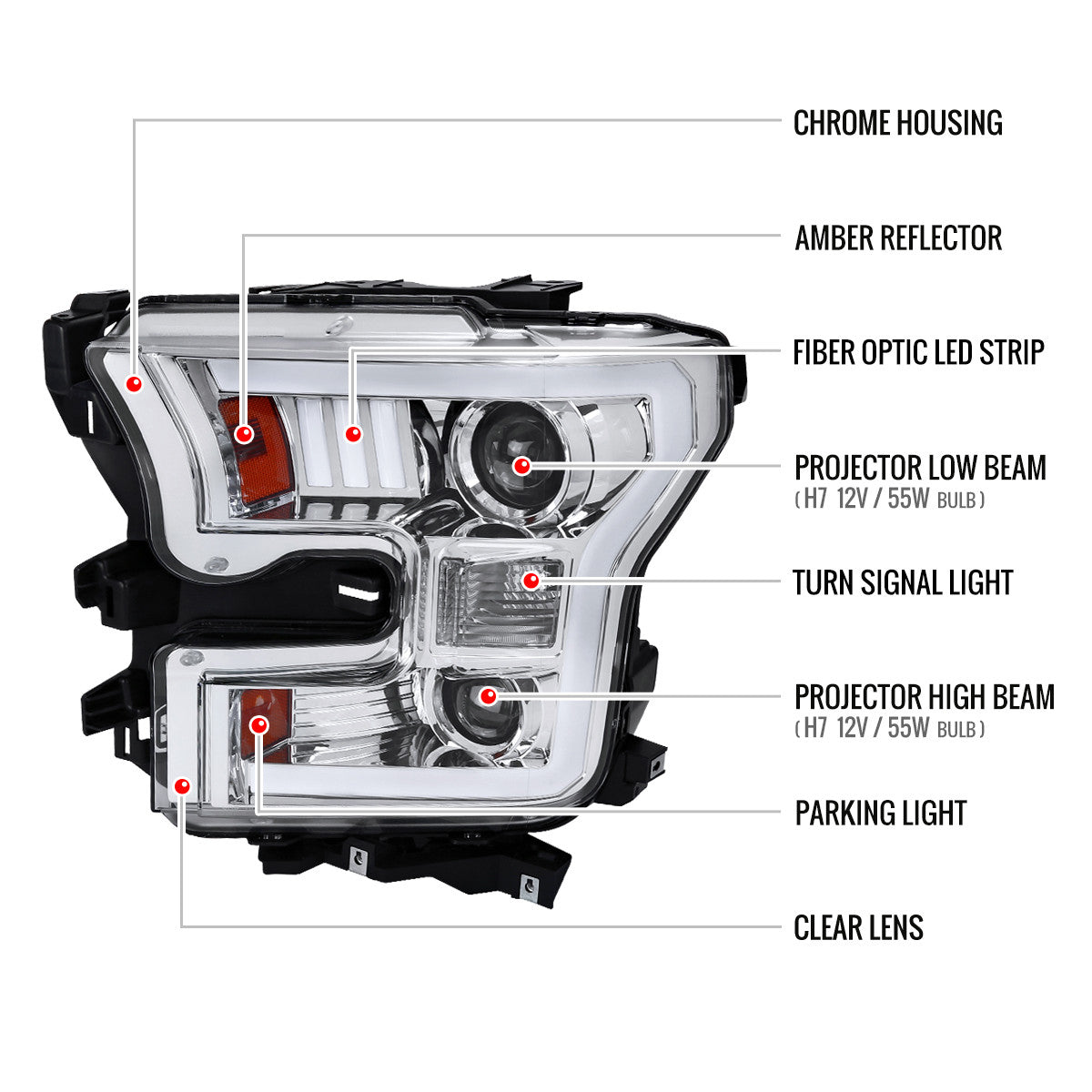 2015-2017 Ford F-150 LED Bar Projector Headlights - RS (Chrome Housing/Clear Lens)