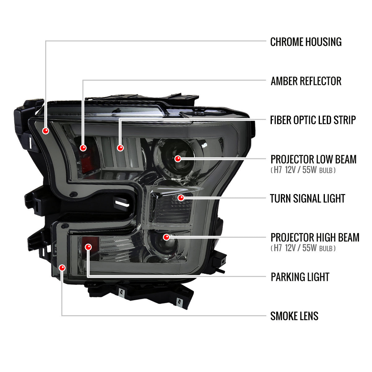 2015-2017 Ford F-150 LED Bar Projector Headlights (Chrome Housing / Smoked Lens)