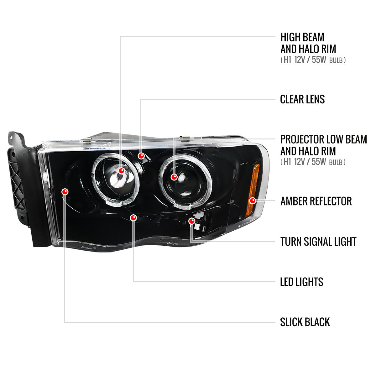2002-2005 Dodge RAM 1500/ 2003-2005 RAM 2500 3500 Dual Halo Projector Headlights (Jet Black Housing/Clear Lens)