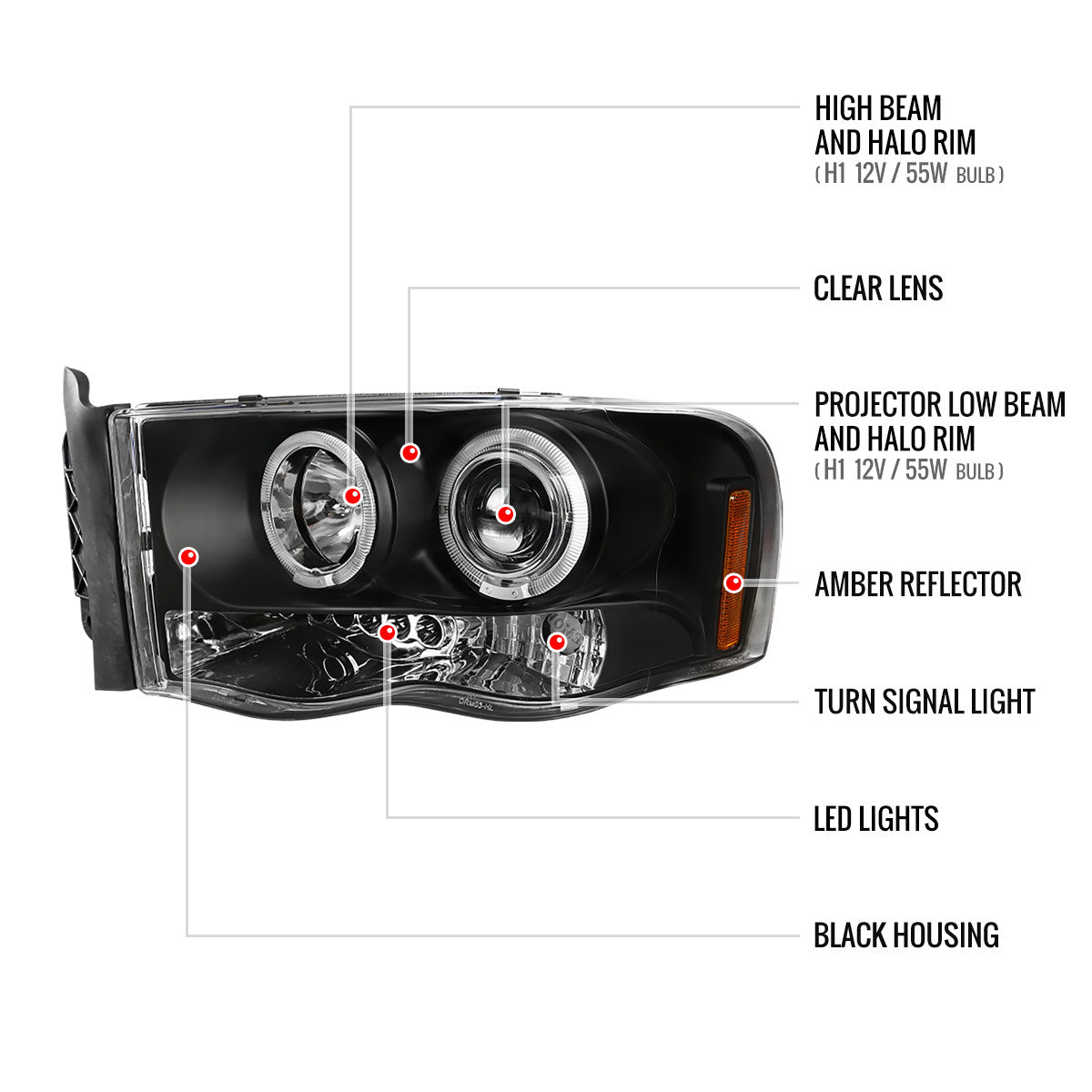 2002-2005 Dodge RAM 1500/ 2003-2005 RAM 2500 3500 Dual Halo Projector Headlights (Matte Black Housing/Clear Lens)