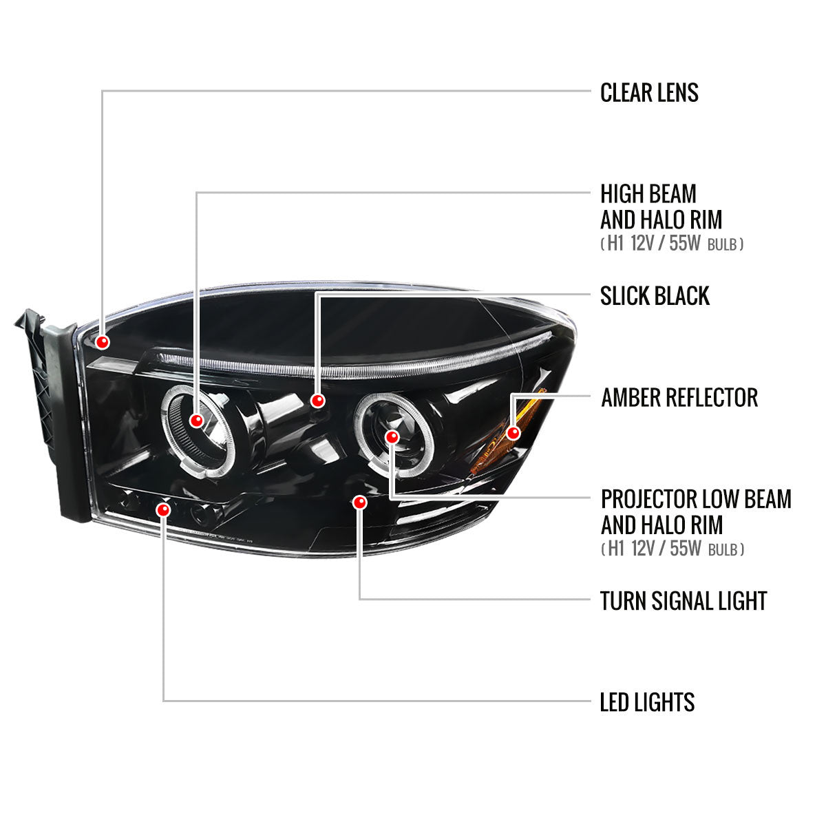 2006-2008 Dodge RAM 1500/ 2006-2009 RAM 2500 3500 Dual Halo Projector Headlights (Jet Black Housing/Clear Lens)