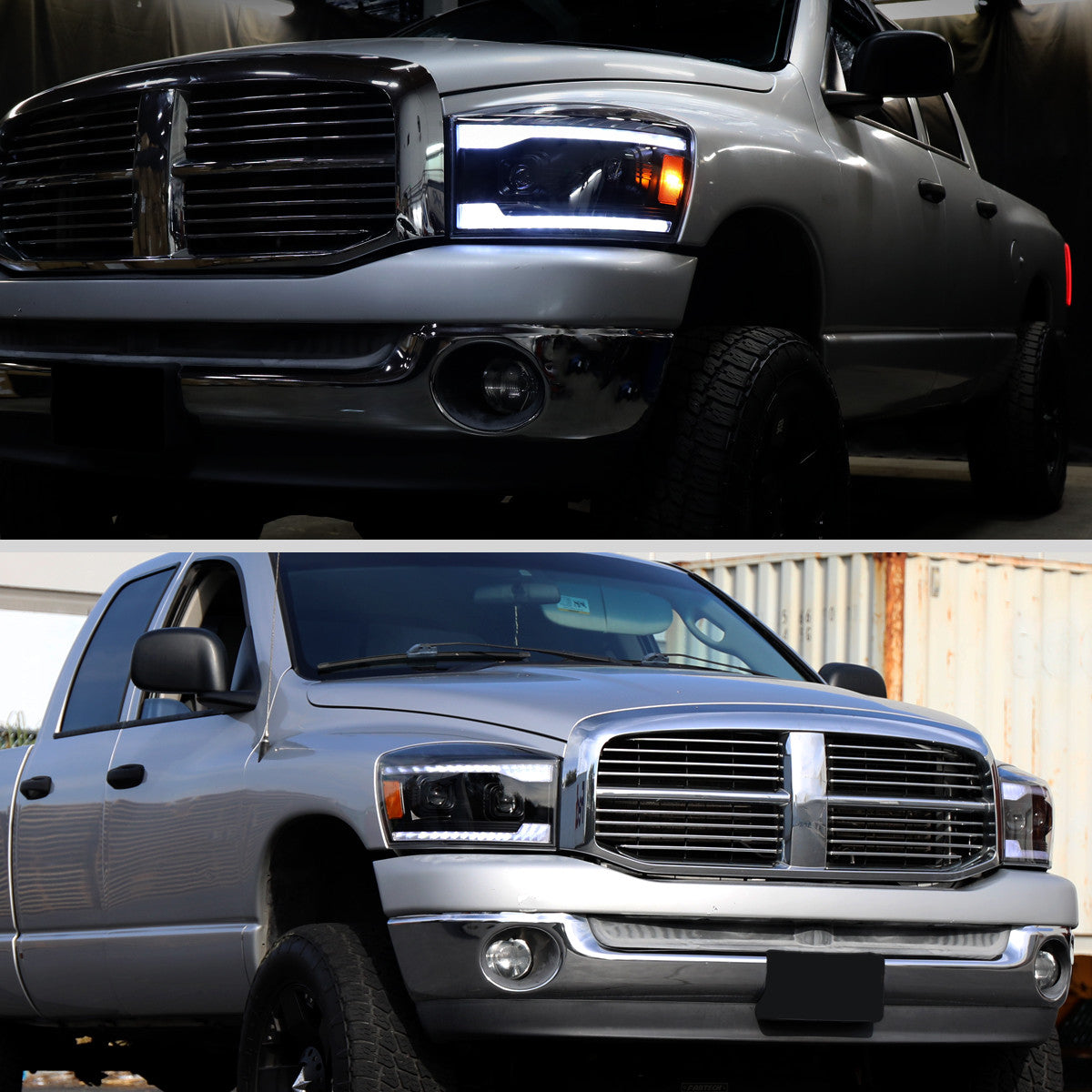 2006–2008 Dodge RAM 1500 / 2006–2009 RAM 2500 3500 Projector Headlights with Switchback LED Strips, Sequential Turn Signals, DRL & Startup Animation (Black Housing / Clear Lens)