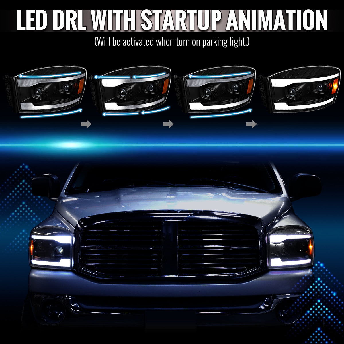 2006–2008 Dodge RAM 1500 / 2006–2009 RAM 2500 3500 Projector Headlights with Switchback LED Strips, Sequential Turn Signals, DRL & Startup Animation (Black Housing / Clear Lens)