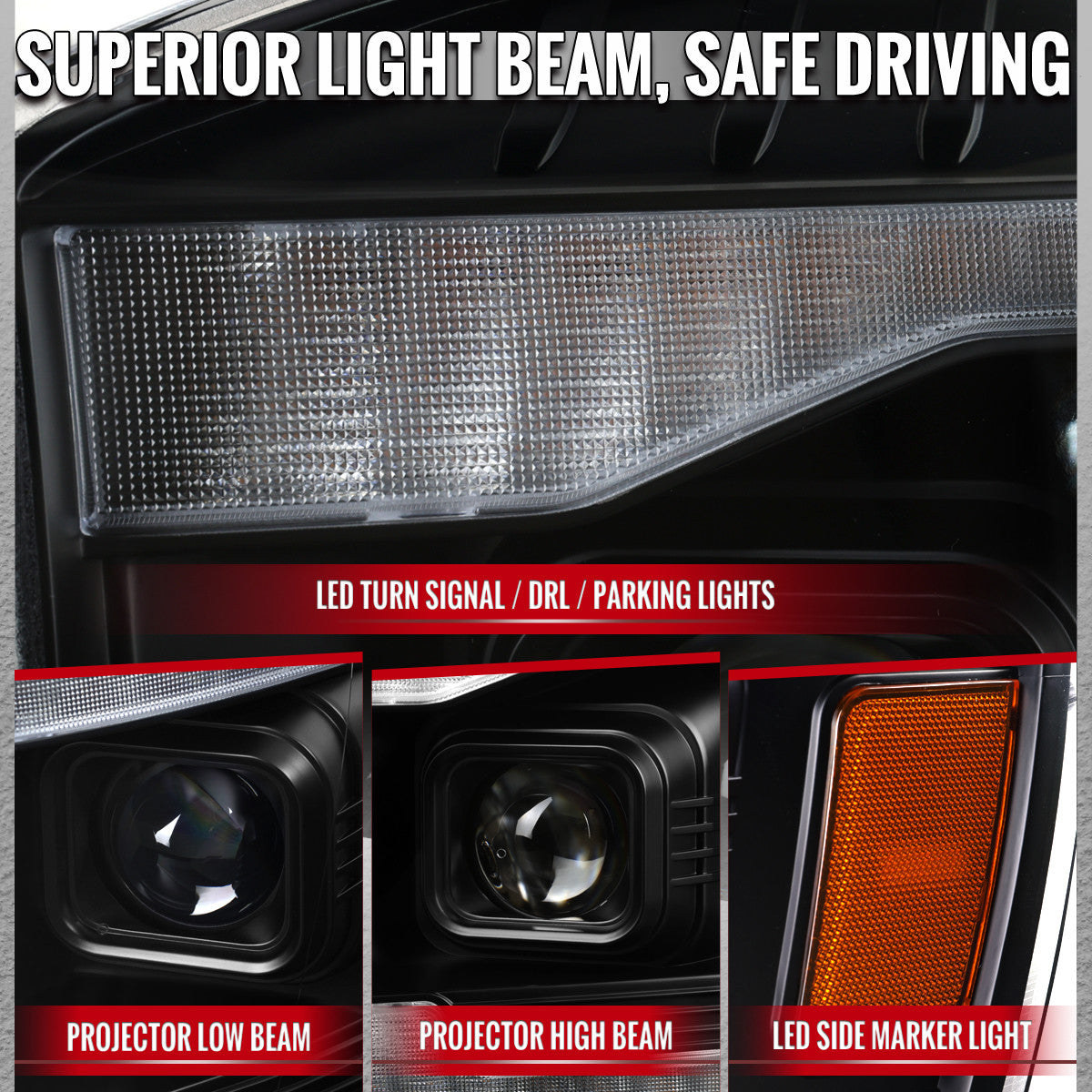 2006–2008 Dodge RAM 1500 / 2006–2009 RAM 2500 3500 Projector Headlights with Switchback LED Strips, Sequential Turn Signals, DRL & Startup Animation (Black Housing / Clear Lens)