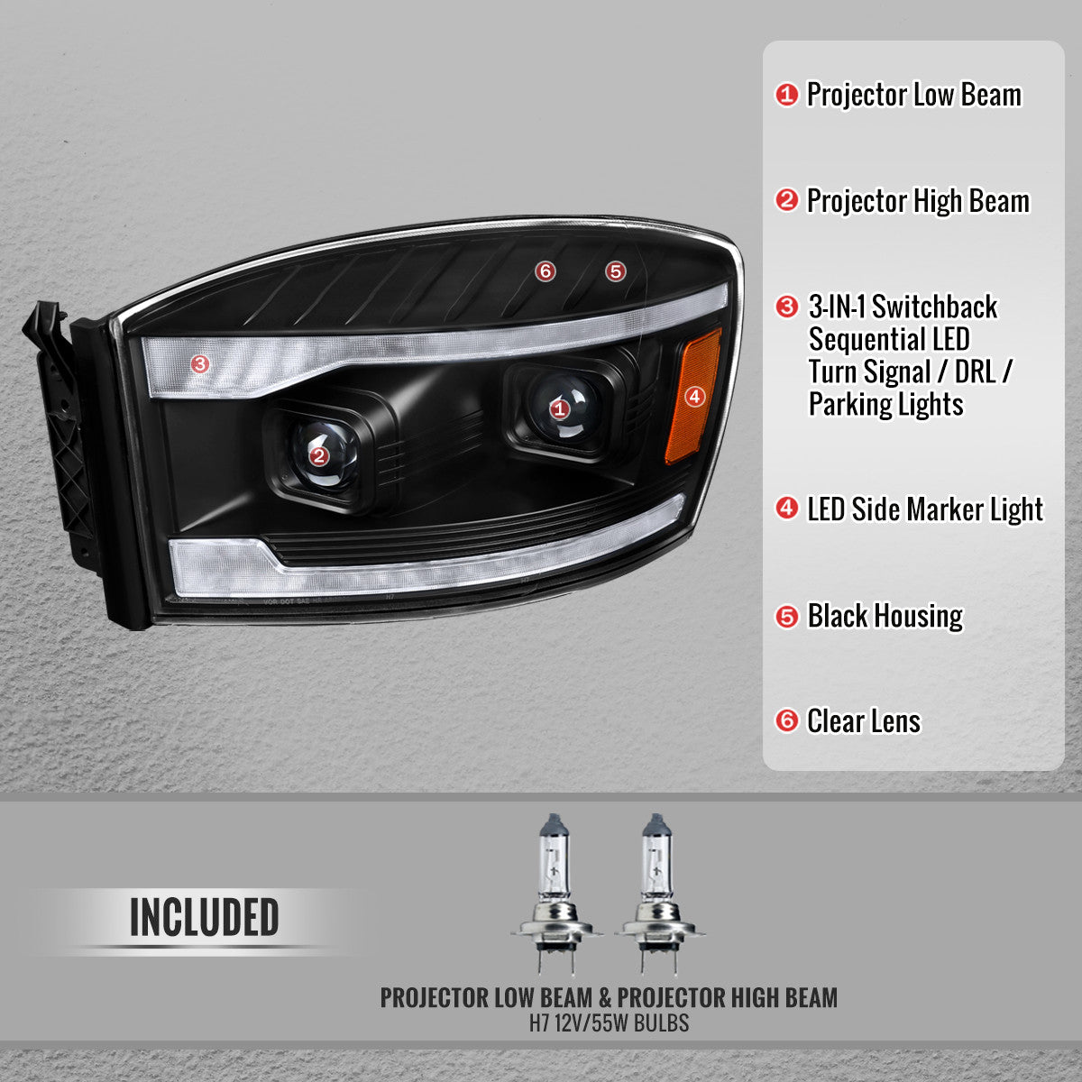 2006–2008 Dodge RAM 1500 / 2006–2009 RAM 2500 3500 Projector Headlights with Switchback LED Strips, Sequential Turn Signals, DRL & Startup Animation (Black Housing / Clear Lens)