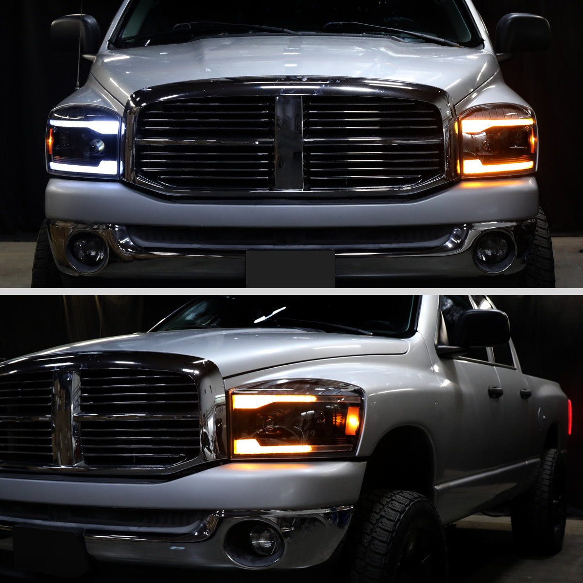 2006–2008 Dodge RAM 1500 / 2006–2009 RAM 2500 3500 Projector Headlights with Switchback LED Strips, Sequential Turn Signals, DRL & Startup Animation (Black Housing / Smoked Lens)
