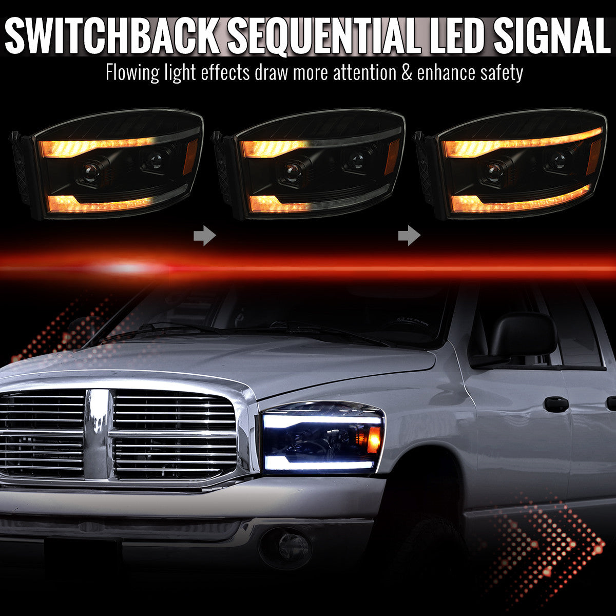 2006–2008 Dodge RAM 1500 / 2006–2009 RAM 2500 3500 Projector Headlights with Switchback LED Strips, Sequential Turn Signals, DRL & Startup Animation (Black Housing / Smoked Lens)