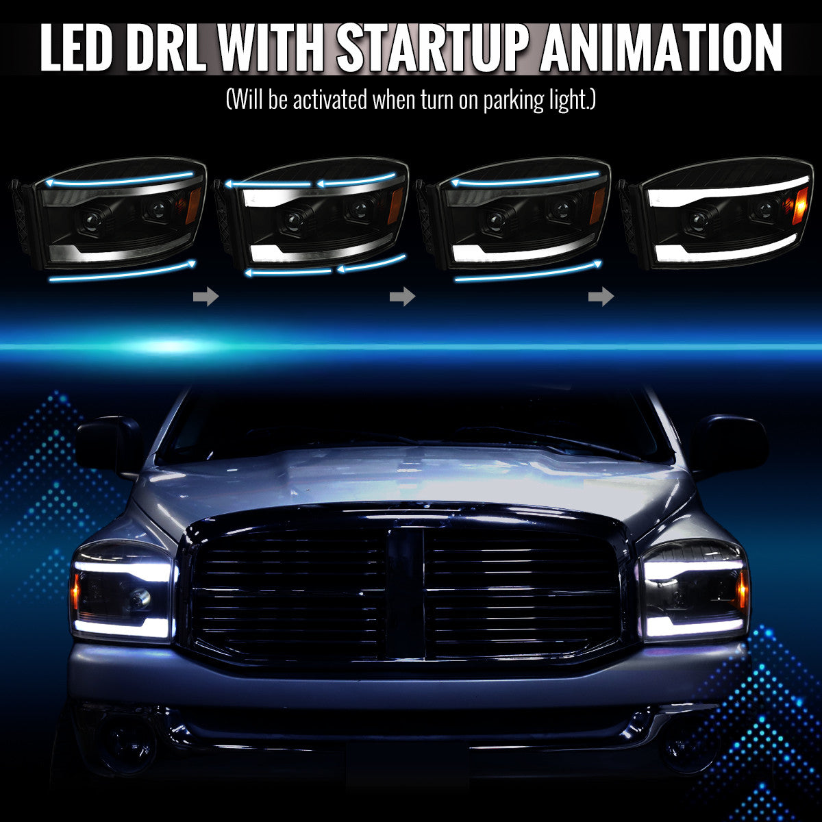 2006–2008 Dodge RAM 1500 / 2006–2009 RAM 2500 3500 Projector Headlights with Switchback LED Strips, Sequential Turn Signals, DRL & Startup Animation (Black Housing / Smoked Lens)