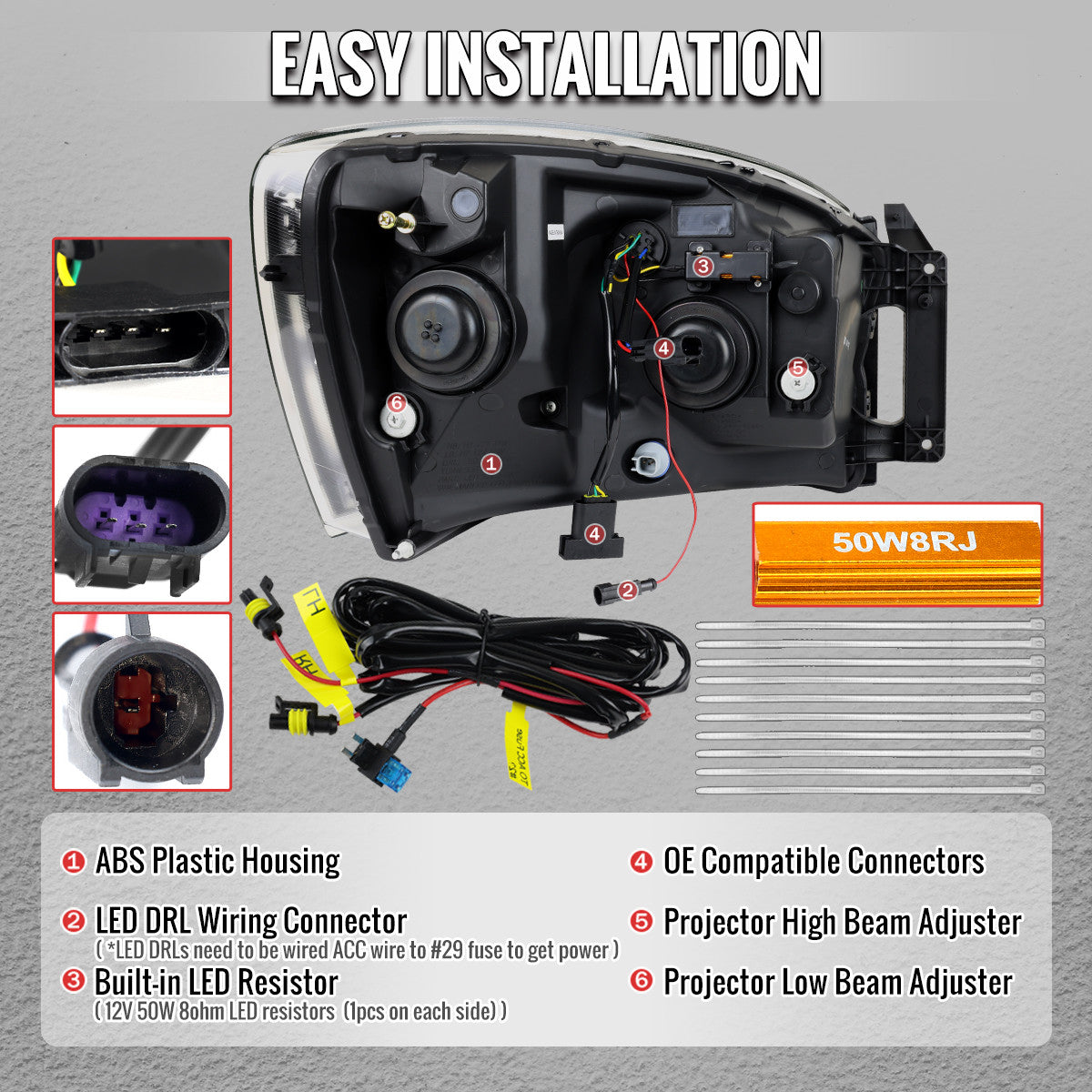 2006–2008 Dodge RAM 1500 / 2006–2009 RAM 2500 3500 Projector Headlights with Switchback LED Strips, Sequential Turn Signals, DRL & Startup Animation (Black Housing / Smoked Lens)