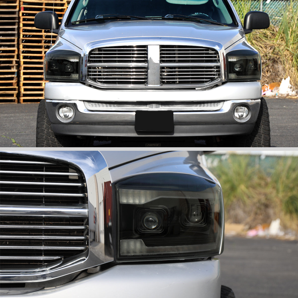 2006–2008 Dodge RAM 1500 / 2006–2009 RAM 2500 3500 Projector Headlights with Switchback LED Strips, Sequential Turn Signals, DRL & Startup Animation (Black Housing / Smoked Lens)