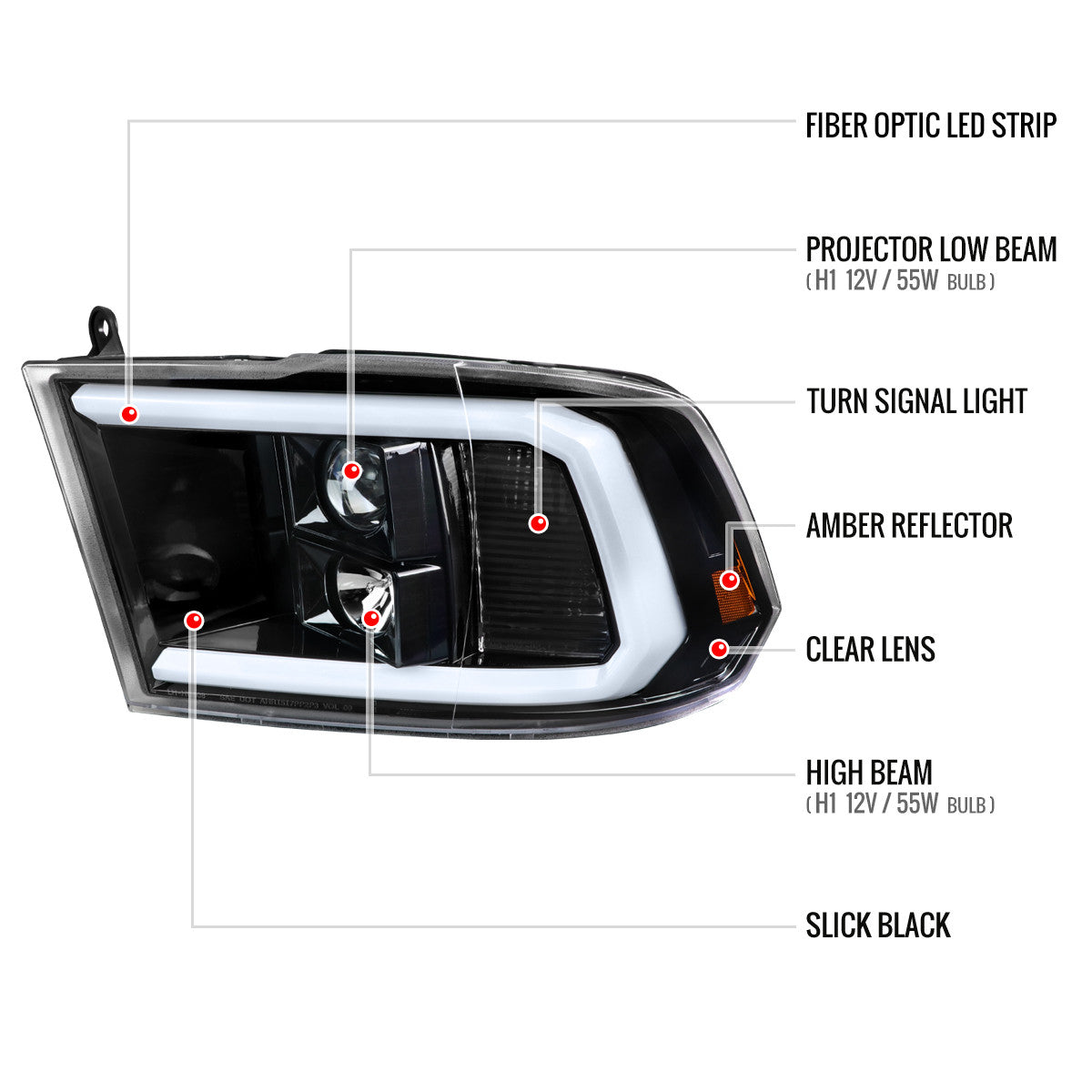2009-2018 Dodge RAM 1500 / 2019-2021 RAM Classic / 2010-2018 RAM 2500 3500 LED C-Bar Projector Headlights (Jet Black Housing/Clear Lens)
