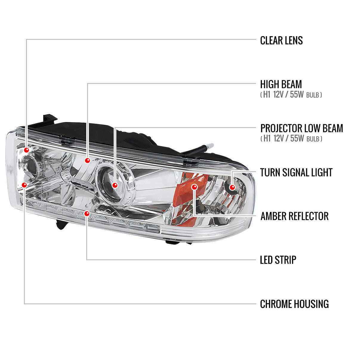 1994-2001 Dodge RAM 1500/ 1994-2002 RAM 2500 3500 Projector Headlights w/ SMD LED Light Strip (Chrome Housing/Clear Lens)
