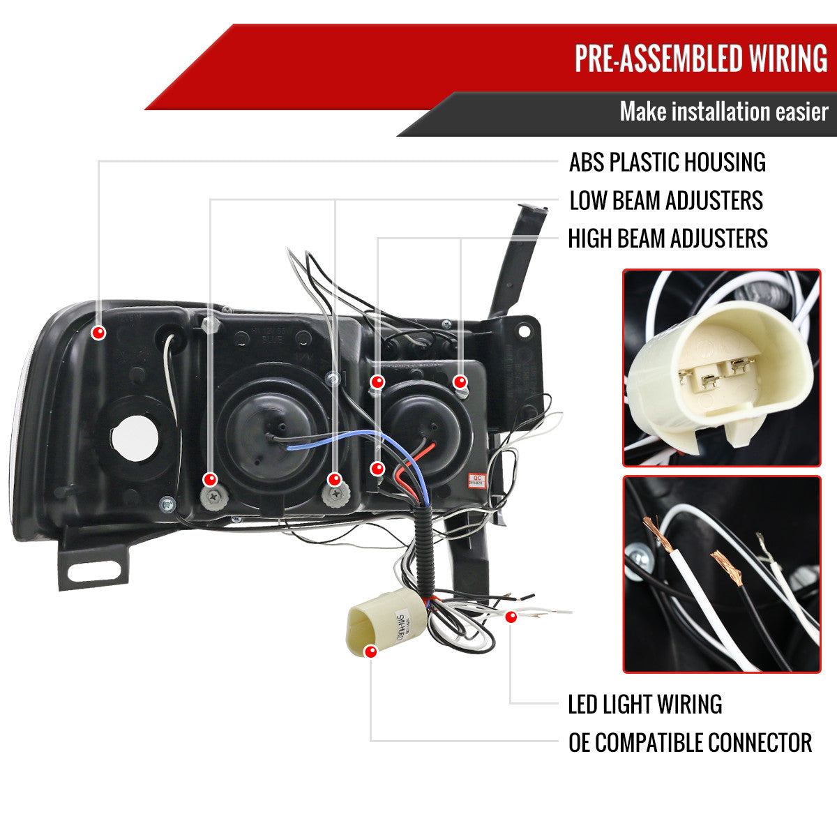 1994-2001 Dodge RAM 1500 2500 3500 Dual Halo Projector Headlights (Glossy Black Housing/Smoked Lens)