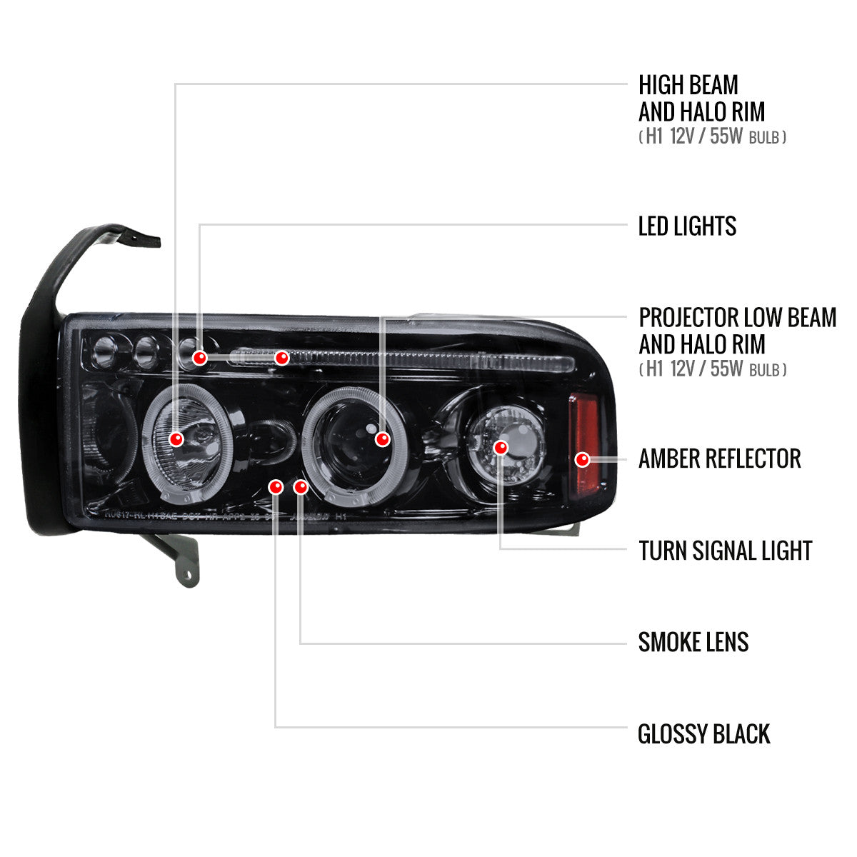 1994-2001 Dodge RAM 1500 2500 3500 Dual Halo Projector Headlights (Glossy Black Housing/Smoked Lens)