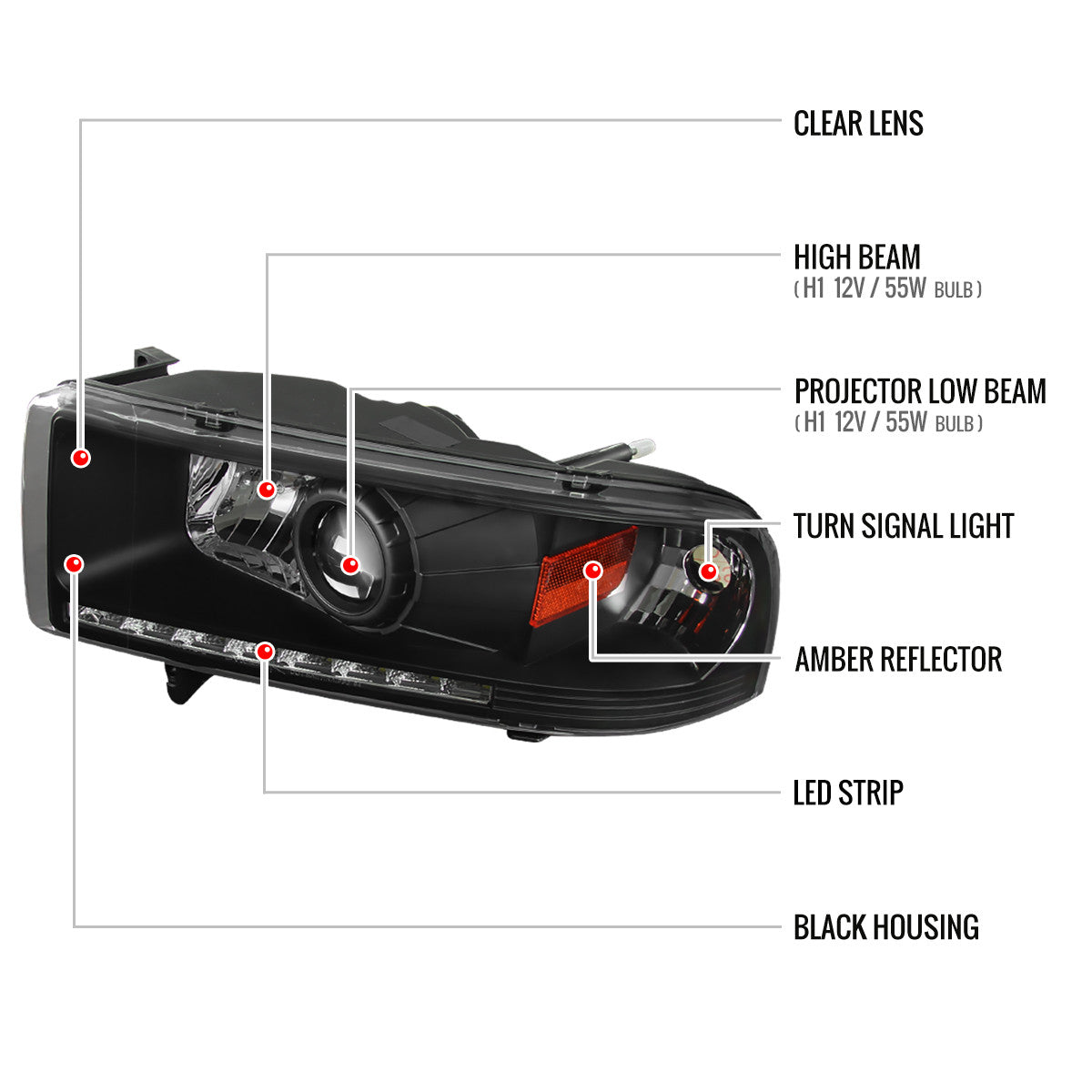 1994-2001 Dodge RAM 1500/ 1994-2002 RAM 2500 3500 Projector Headlights w/ SMD LED Light Strip (Matte Black Housing/Clear Lens)