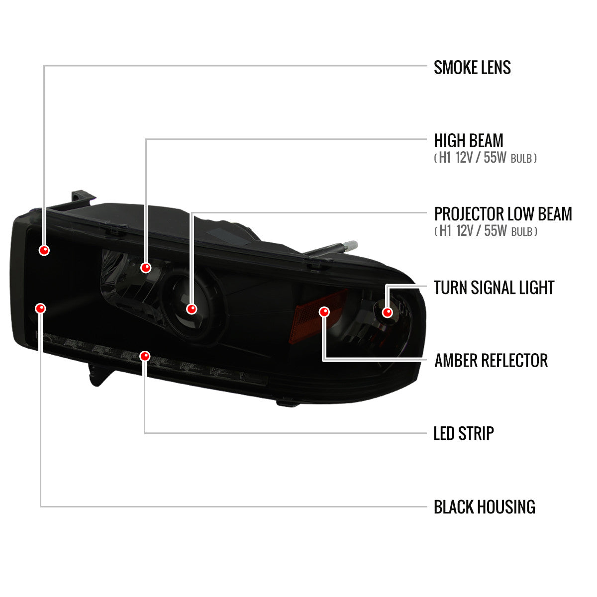 1994-2001 Dodge RAM 1500/ 1994-2002 RAM 2500 3500 Projector Headlights w/ SMD LED Light Strip (Black Housing/Smoked Lens)