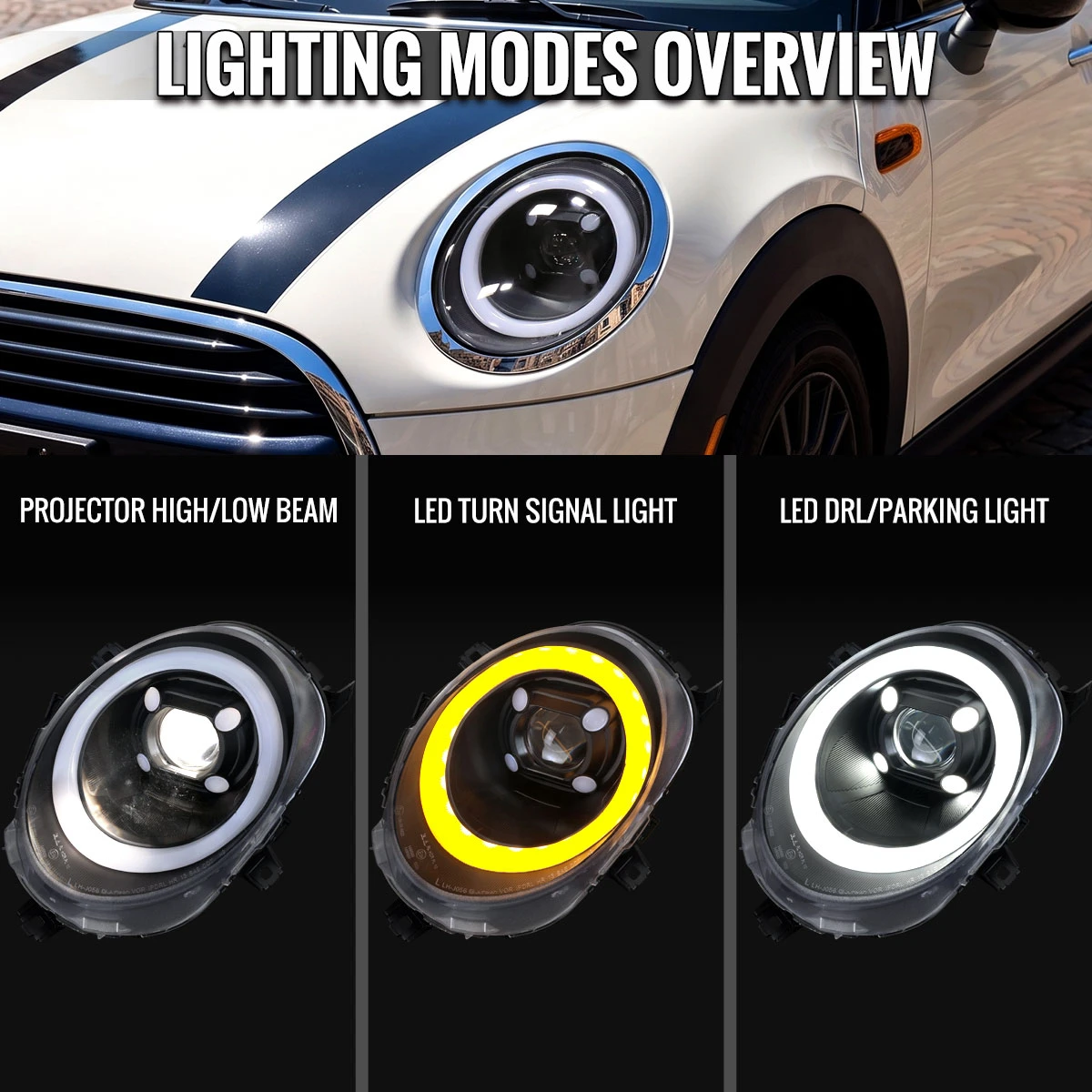 2014-2021 Mini Cooper F55 F56 F57 Projector Headlights Swithback LED DRL (Matte Black Housing / Clear Lens)