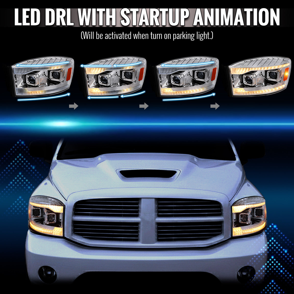 2006–2008 Dodge RAM 1500 / 2006–2009 RAM 2500 3500 Projector Headlights with Switchback Amber LED Strips, Sequential Turn Signals, DRL & Startup Animation (Chrome Housing / Clear Lens)