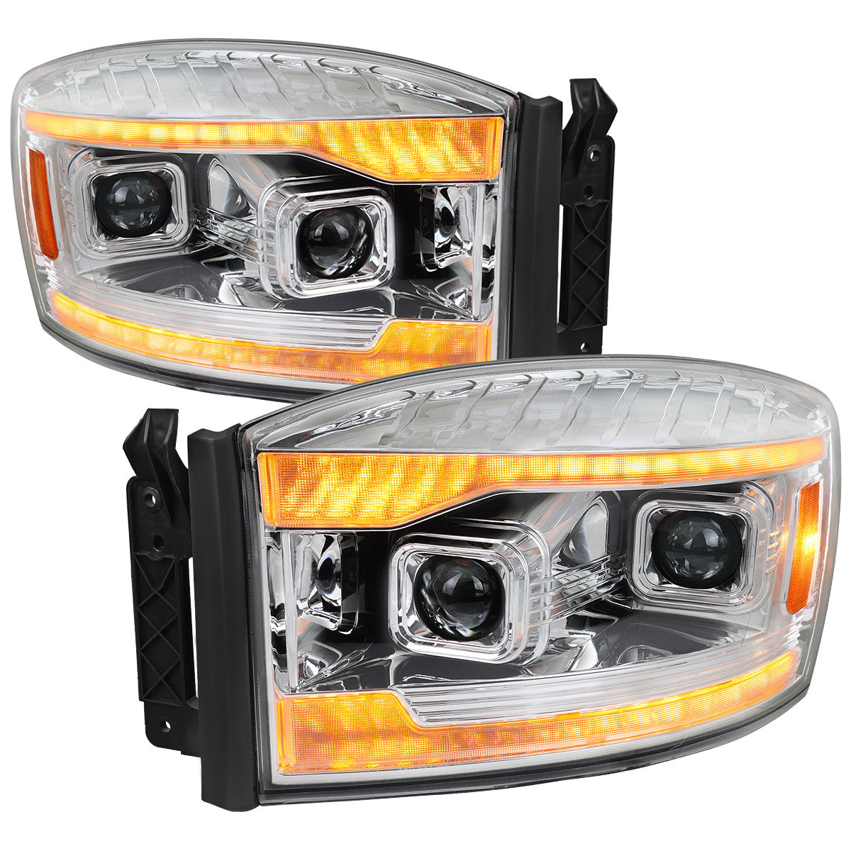 2006–2008 Dodge RAM 1500 / 2006–2009 RAM 2500 3500 Projector Headlights with Switchback Amber LED Strips, Sequential Turn Signals, DRL & Startup Animation (Chrome Housing / Clear Lens)