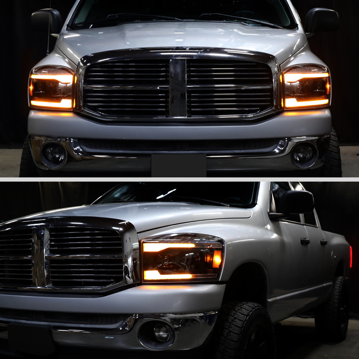 2006–2008 Dodge RAM 1500 / 2006–2009 RAM 2500 3500 Projector Headlights with Switchback Amber LED Strips, Sequential Turn Signals, DRL & Startup Animation (Black Housing / Clear Lens)