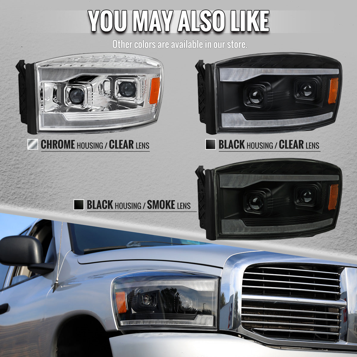 2006–2008 Dodge RAM 1500 / 2006–2009 RAM 2500 3500 Projector Headlights with Switchback Amber LED Strips, Sequential Turn Signals, DRL & Startup Animation (Black Housing / Clear Lens)
