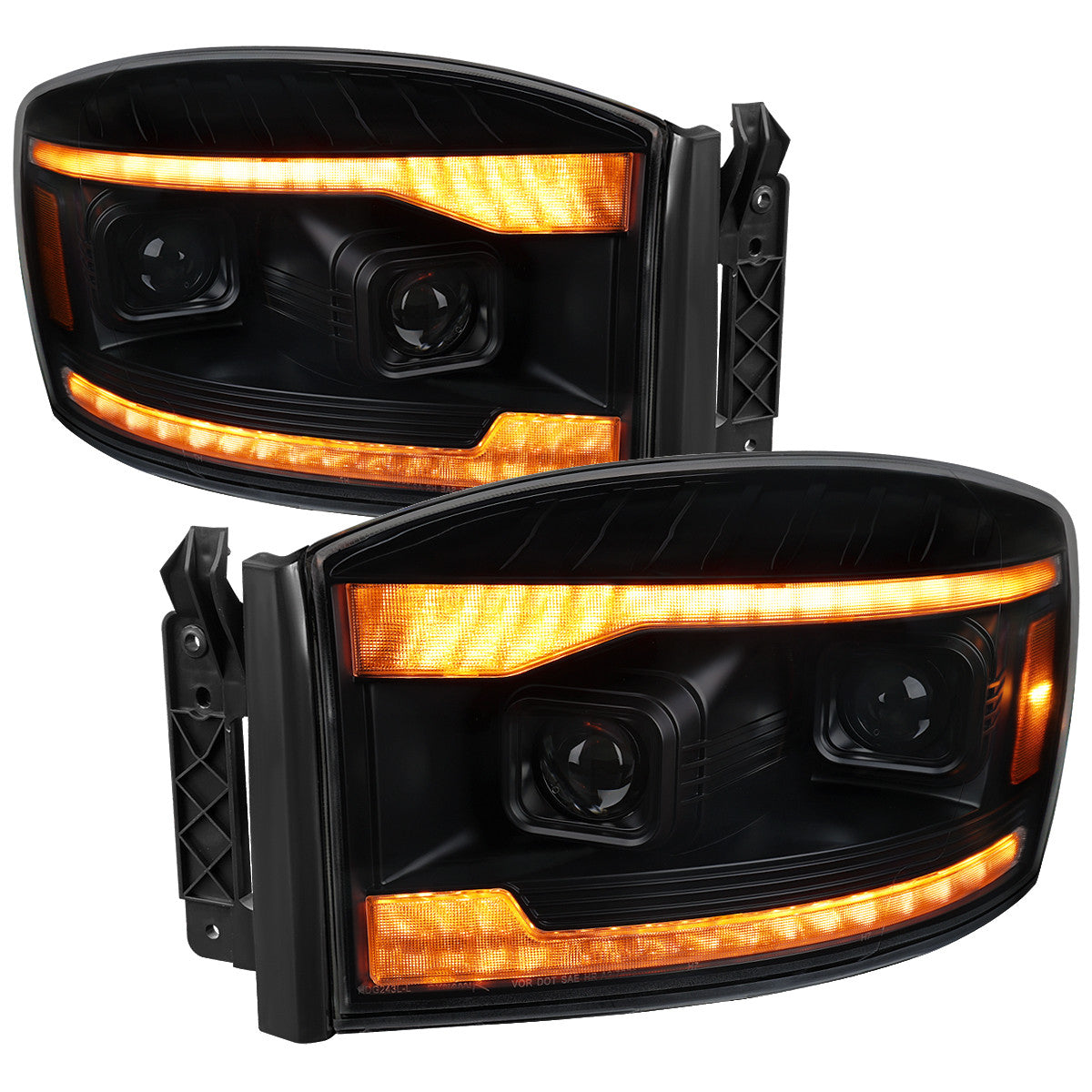 2006–2008 Dodge RAM 1500 / 2006–2009 RAM 2500 3500 Projector Headlights with Switchback Amber LED Strips, Sequential Turn Signals, DRL & Startup Animation (Black Housing / Clear Lens)