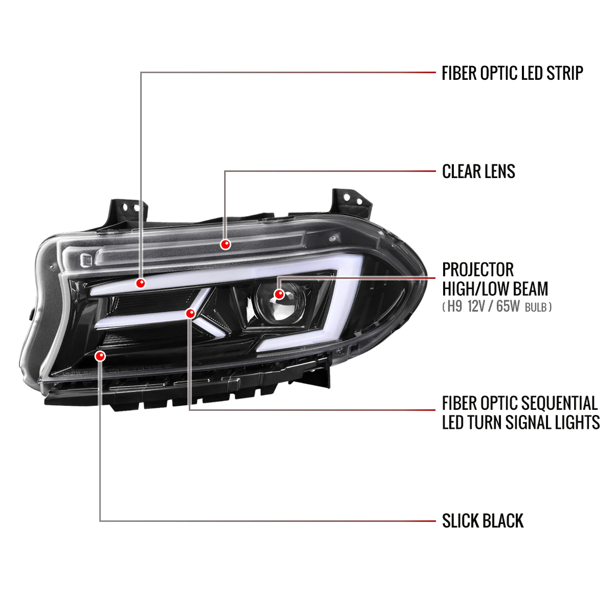 2015-2023 Dodge Charger LED Strip Projector Headlights w/ LED Sequential Turn Signal (Jet Black Housing/Clear Lens)