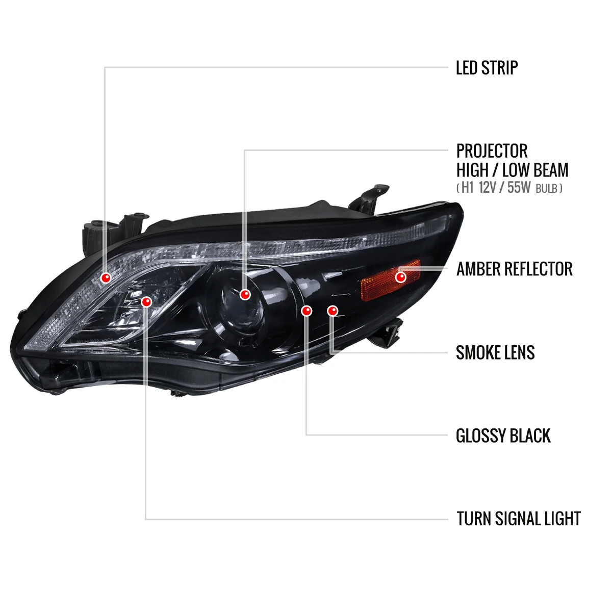 2011-2013 Toyota Corolla Projector Headlights w/ LED Light Strip (Glossy Black Housing/Smoked Lens)