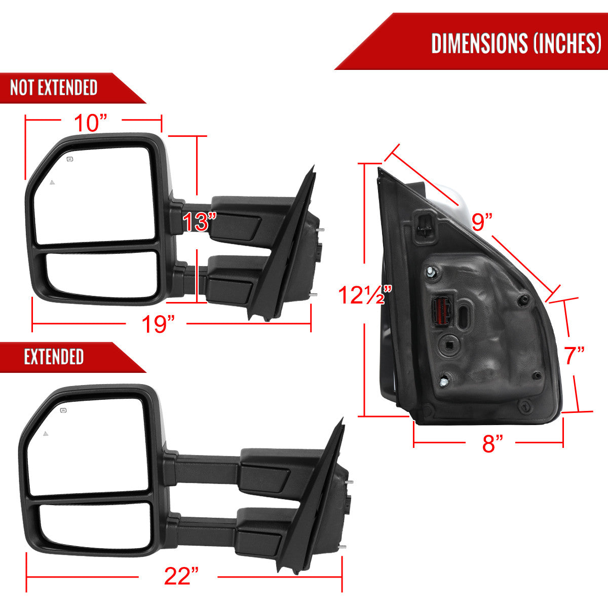 2021-2025 Ford F-150 F-250 Power Adjustable, Heated, & Manual Extendable Towing Mirrors w/ Smoked Lens LED Turn Signal, Clearance, Puddle, & Auxiliary Lights