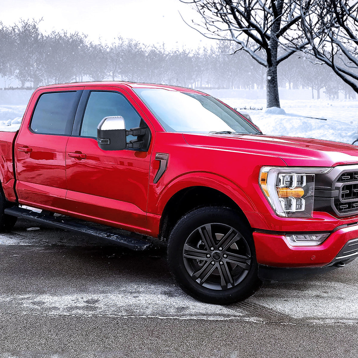 2021-2025 Ford F-150 F-250 Power Adjustable, Heated, & Manual Extendable Towing Mirrors w/ Smoked Lens LED Turn Signal, Clearance, Puddle, & Auxiliary Lights