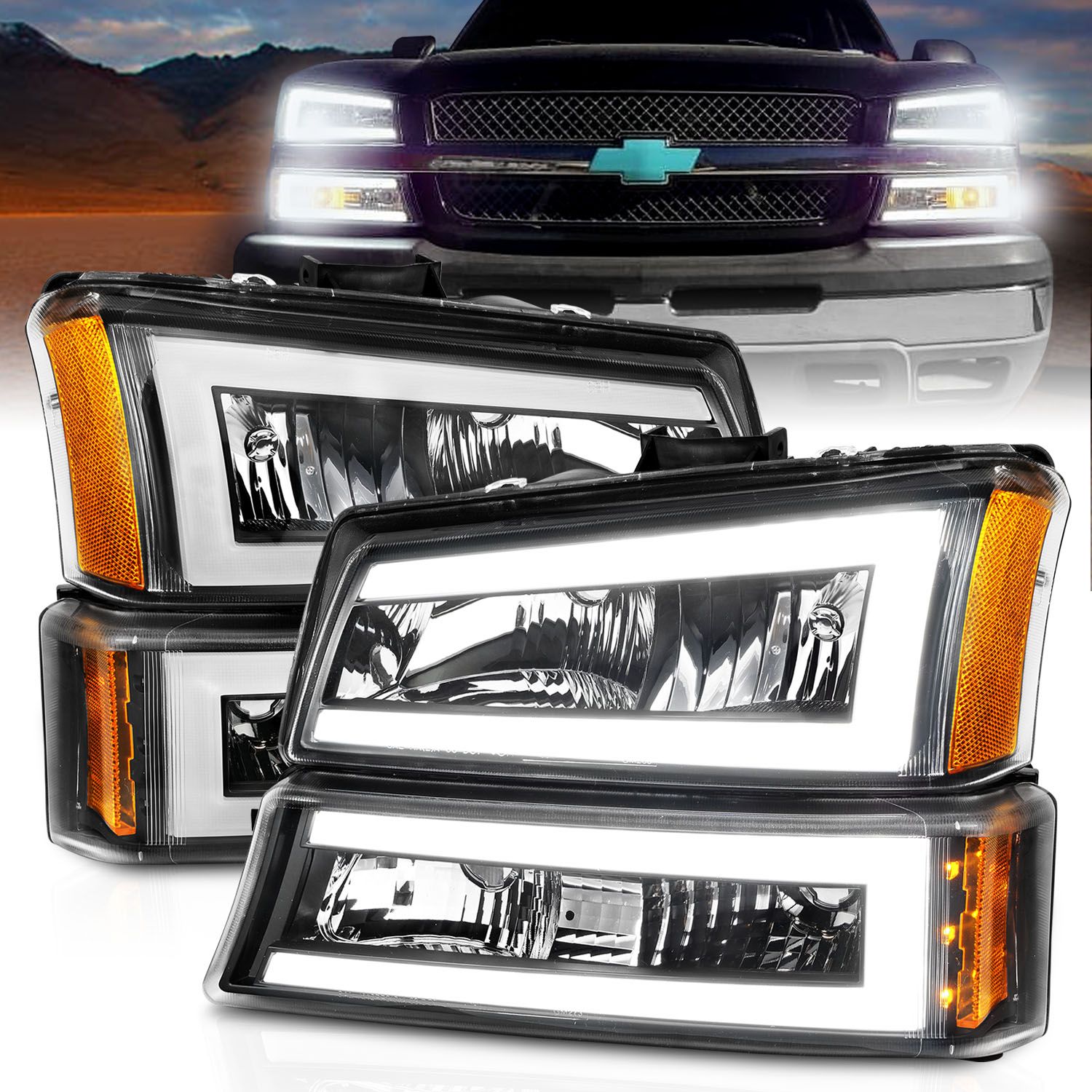 CHEVY SILVERADO / AVALANCHE 03-06 / 07 CLASSIC CRYSTAL LED PLANK HEADLIGHTS W/ PARKING/SIGNAL LIGHT BLACK (4pcs)