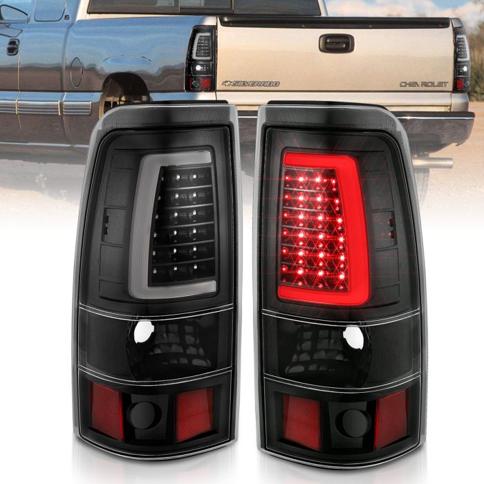 CHEVY SILVERADO 1500/2500 99-02 / 3500 01-03 / GMC SIERRA 1500/2500 99-06  LED C BAR STYLE TAIL LIGHTS BLACK CLEAR LENS